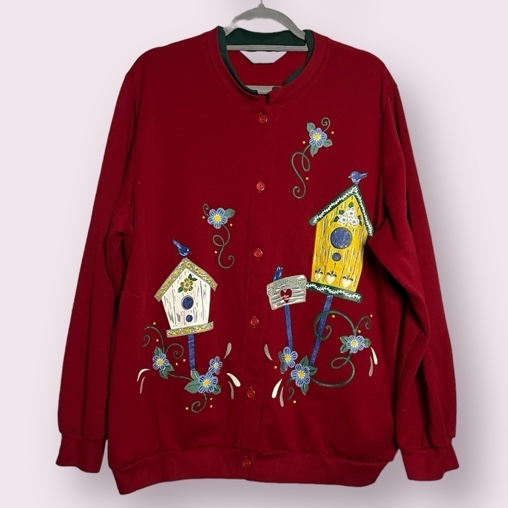 Vintage Blair Red and Yellow Birdhouse Cardigan Sweater XXL - Picture 1 of 9
